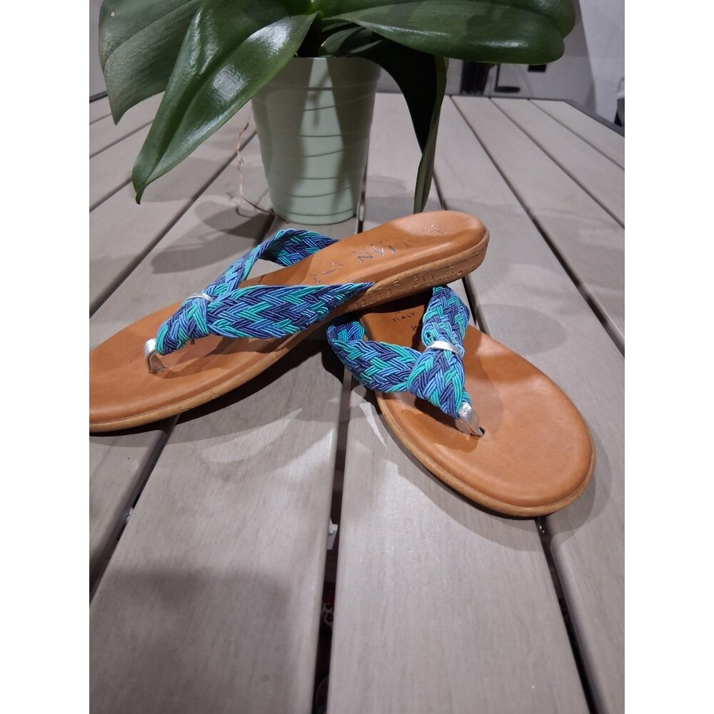 Italian Shoemakers Woman Blue Turquoise Leather Thong Wedge Sandals Sz 8 SB2 - Picture 4 of 9